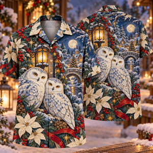 Christmas Mosaic Snowy Owl Moon Garden Indigo Ivory Amber Hawaiian Shirt