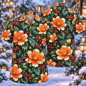 Christmas Orange Cosmos Petrol Aloha Hawaiian Shirt