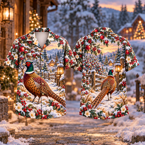 Christmas Pheasant Orchard Walk Print Hawaiian Shirt