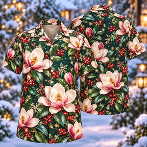 Christmas Pink Magnolia Emerald Aloha Hawaiian Shirt