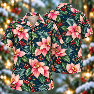 Christmas Pink Mussaenda Indigo Aloha Hawaiian Shirt