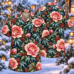 Christmas Pink Peony Ink Navy Aloha Hawaiian Shirt