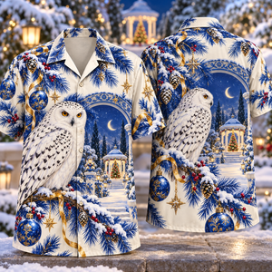 Christmas Porcelain Illusion Snowy Owl Cobalt Ivory Moon Garden Hawaiian Shirt