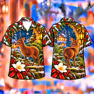 Christmas Pudu Lantern Fern Garden Print Hawaiian Shirt
