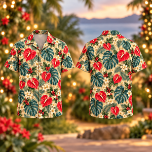 Christmas Red Anthurium Monstera Sandstone Aloha Hawaiian Shirt