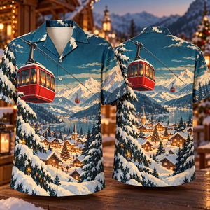 Christmas Retro Cable Car Alpine Village Crimson Petrol Cream Hawaiian Shirt