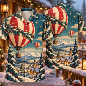 Christmas Retro Hot Air Balloon Village Crimson Teal Cream Hawaiian Shirt