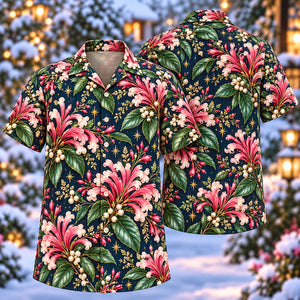 Christmas Rose Brazilian Plume Navy Aloha Hawaiian Shirt
