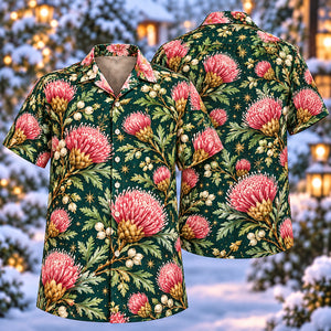 Christmas Rose Isopogon Teal Aloha Hawaiian Shirt