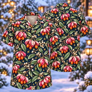 Christmas Rose Spindle Fruit Navy Aloha Hawaiian Shirt