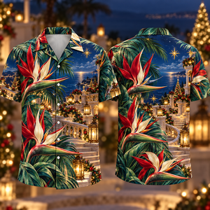 Christmas Ruby Bird of Paradise Ivory Star Emerald Palm Sapphire Moonlit Terrace Hawaiian Shirt