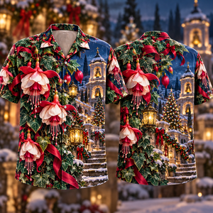 Christmas Ruby Fuchsia Ivory Ribbon Emerald Ivy Sapphire Snowy Bell Tower Hawaiian Shirt