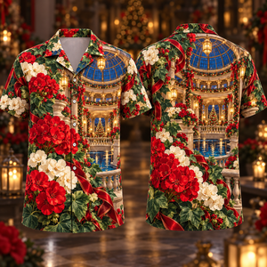 Christmas Ruby Geranium Ivory Ribbon Emerald Ivy Sapphire Lantern Tiered Rotunda Hawaiian Shirt