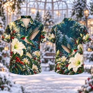 Christmas Ruby Throat Hummingbird Ivory Amaryllis Hawaiian Shirt
