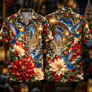 Christmas Sapphire Hummingbird Ruby Dahlia Golden Lantern Grove Hawaiian Shirt