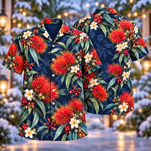 Christmas Scarlet Bottlebrush Navy Aloha Hawaiian Shirt