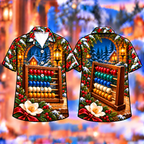 Digital mockup: front and back of one AlohaVero Christmas Abacus Color Keepsake Print No Pocket Hawaiian shirt