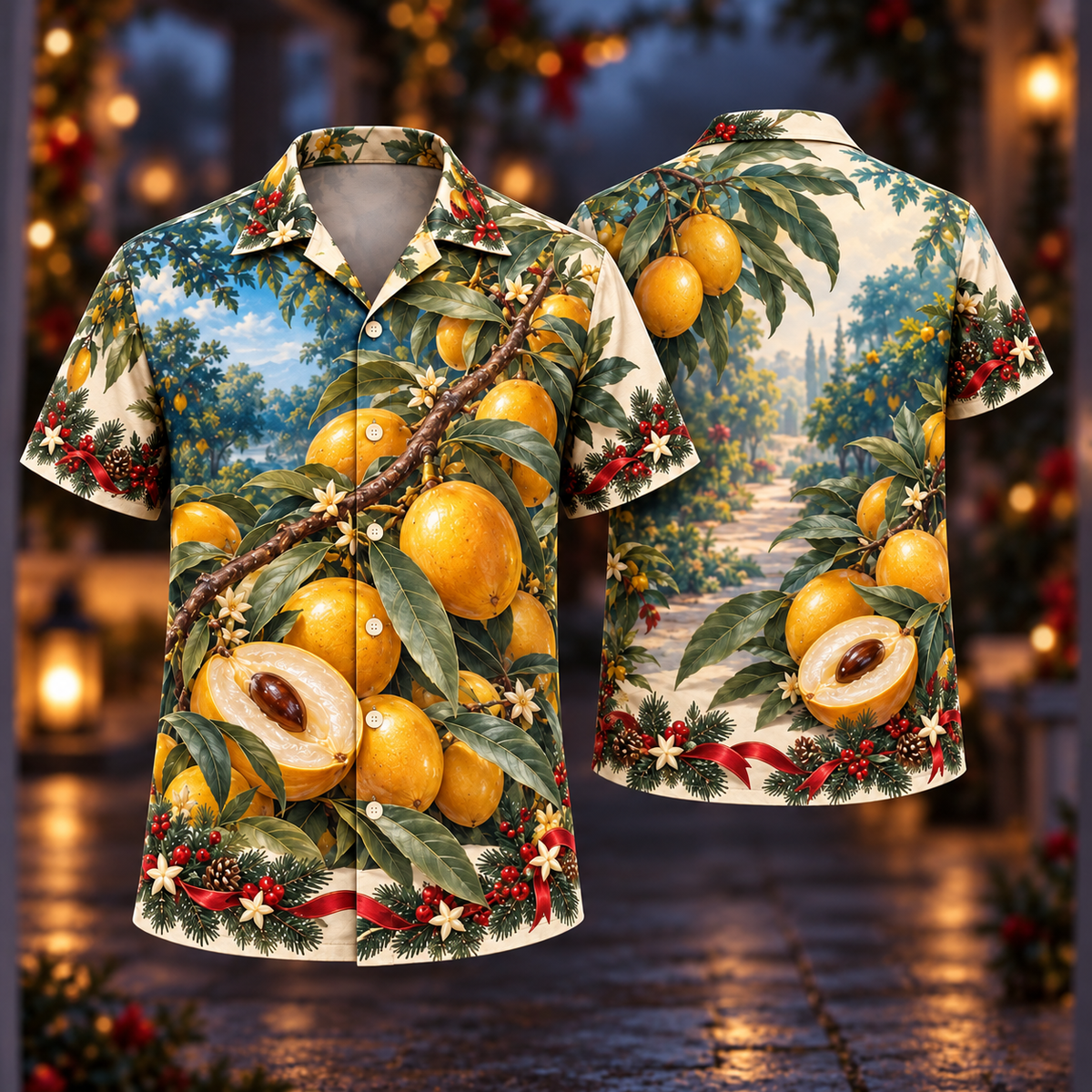 Digital mockup: front and back of one AlohaVero Christmas Abiu Gold Petrol Orchard No Pocket Hawaiian shirt