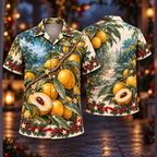 Digital mockup: front and back of one AlohaVero Christmas Abiu Gold Petrol Orchard No Pocket Hawaiian shirt