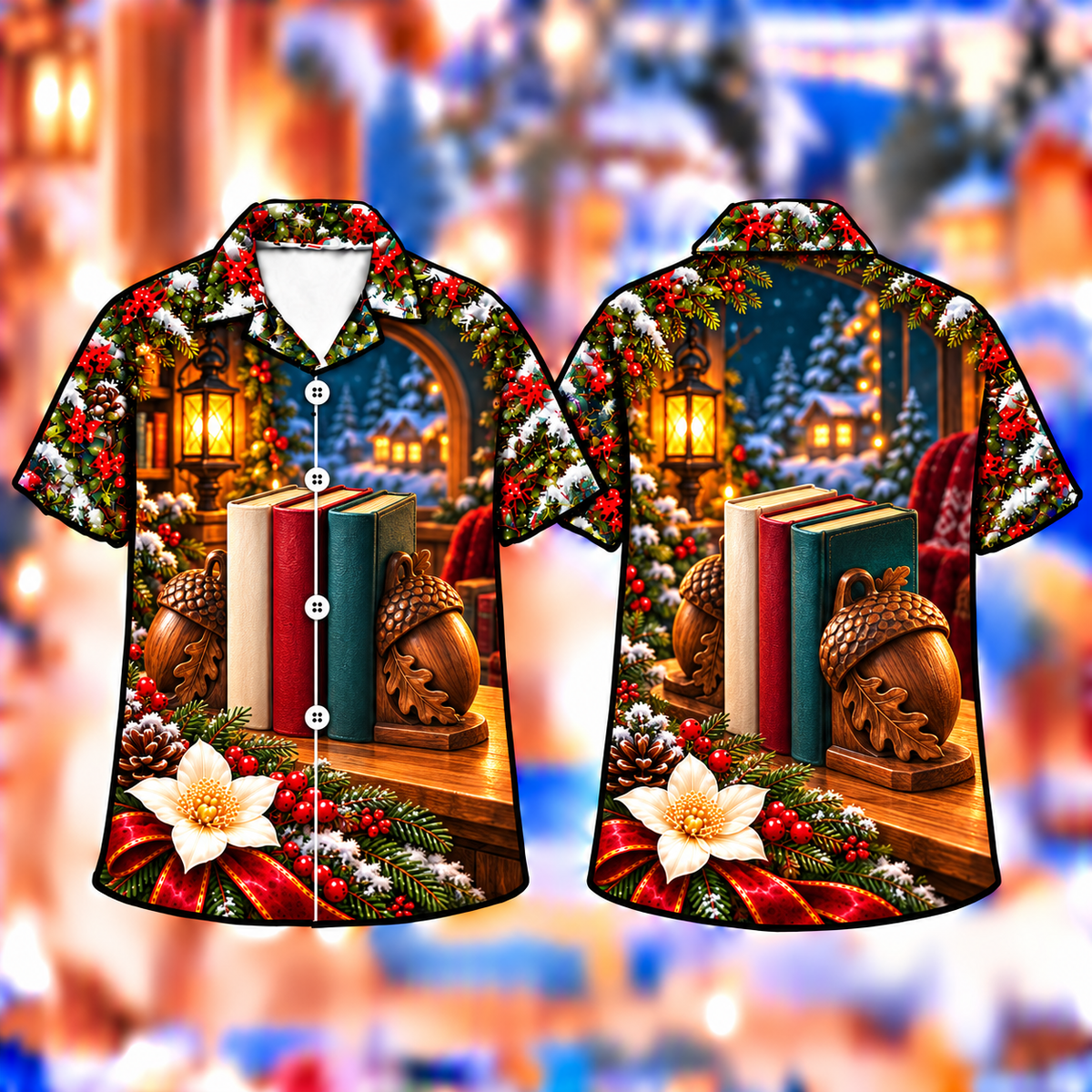 Digital mockup: front and back of one AlohaVero Christmas Acorn Bookend Winter Reading Print No Pocket Hawaiian shirt