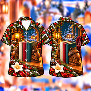 Christmas Acorn Bookend Winter Reading Print Hawaiian Shirt