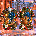 Digital mockup: front and back of one AlohaVero Christmas Agouti Lantern Orchard Print No Pocket Hawaiian shirt
