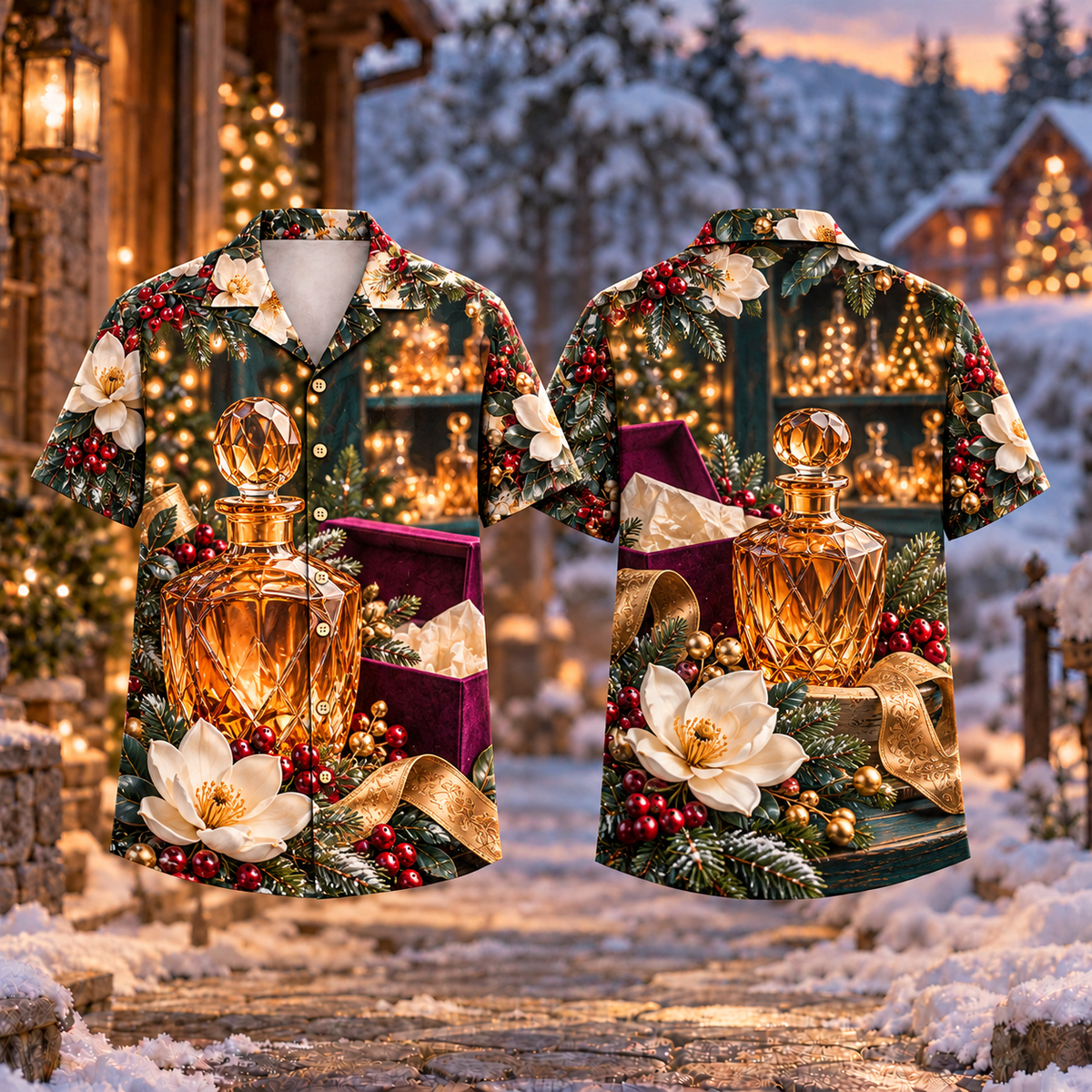 Digital mockup: front and back of one AlohaVero Christmas Amber Glass Keepsake Print No Pocket Hawaiian shirt