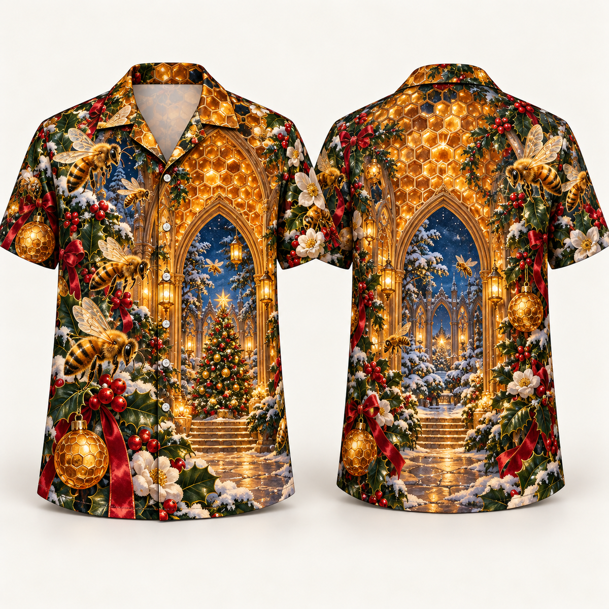 Digital mockup: front and back of one AlohaVero Christmas Amber Honeybee Cathedral Hive No Pocket Hawaiian shirt