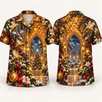 Digital mockup: front and back of one AlohaVero Christmas Amber Honeybee Cathedral Hive No Pocket Hawaiian shirt