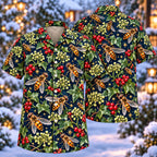 Digital mockup: front and back of one AlohaVero Christmas Amber Hoverfly Ivy Blossom Aloha No Pocket Hawaiian shirt