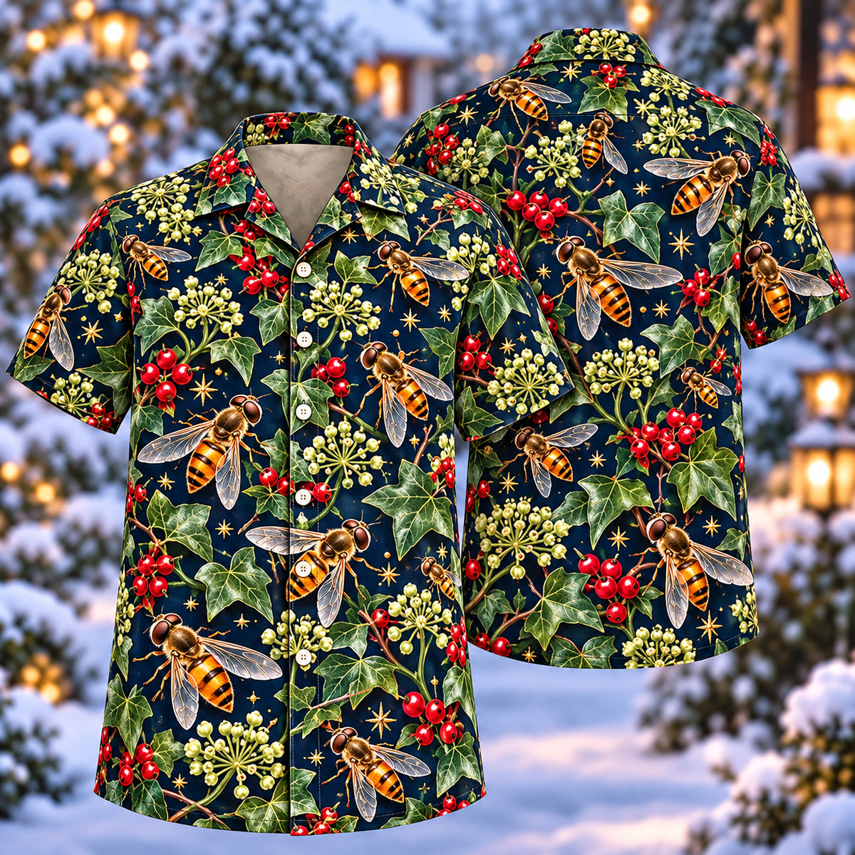 Digital mockup: front and back of one AlohaVero Christmas Amber Hoverfly Ivy Blossom Aloha No Pocket Hawaiian shirt