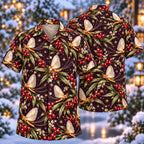 Digital mockup: front and back of one AlohaVero Christmas Amber Mayfly Watergrass Plum Aloha No Pocket Hawaiian shirt