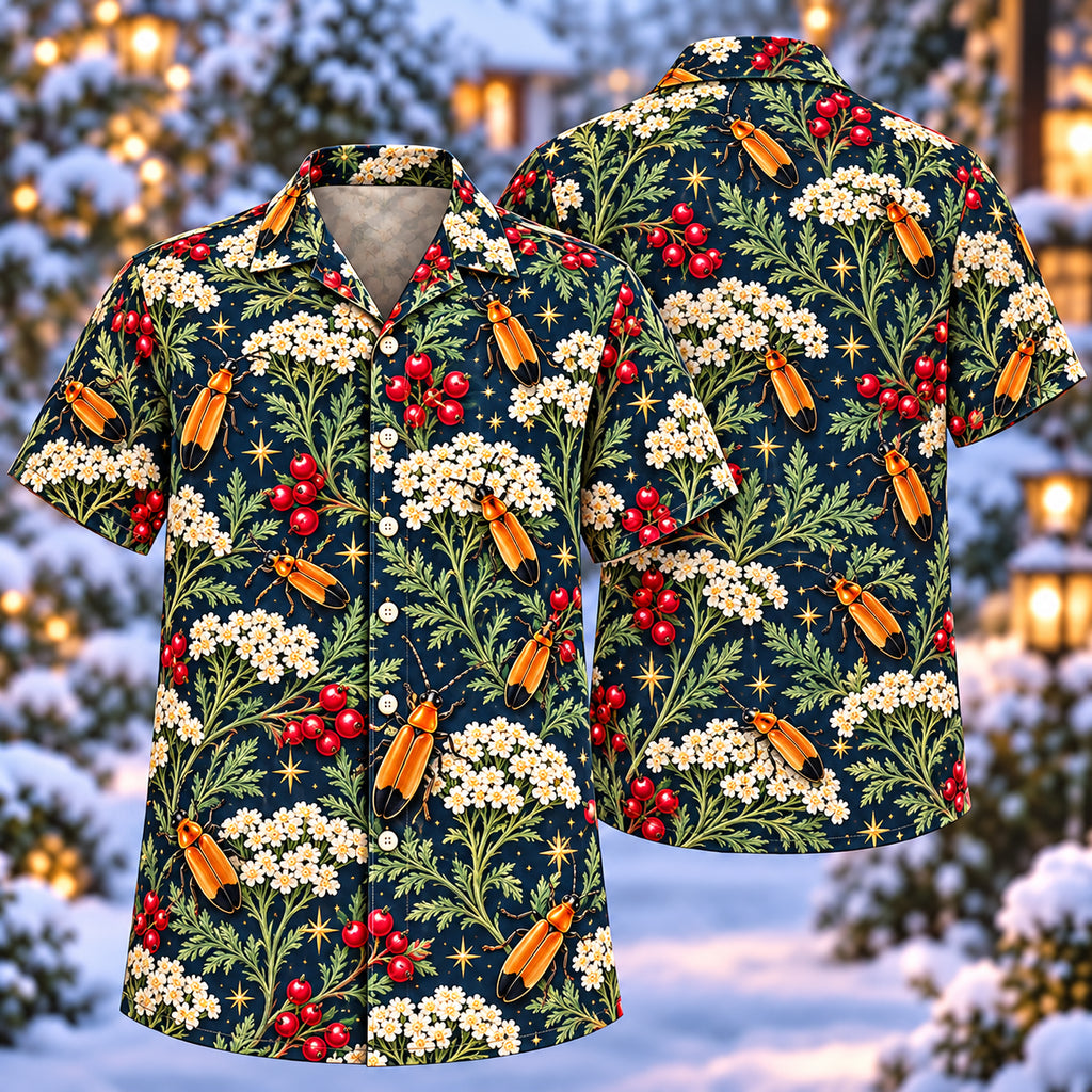 Digital mockup: front and back of one AlohaVero Christmas Amber Soldier Beetle Yarrow Aloha No Pocket Hawaiian shirt