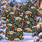 Digital mockup: front and back of one AlohaVero Christmas Amber Soldier Beetle Yarrow Aloha No Pocket Hawaiian shirt
