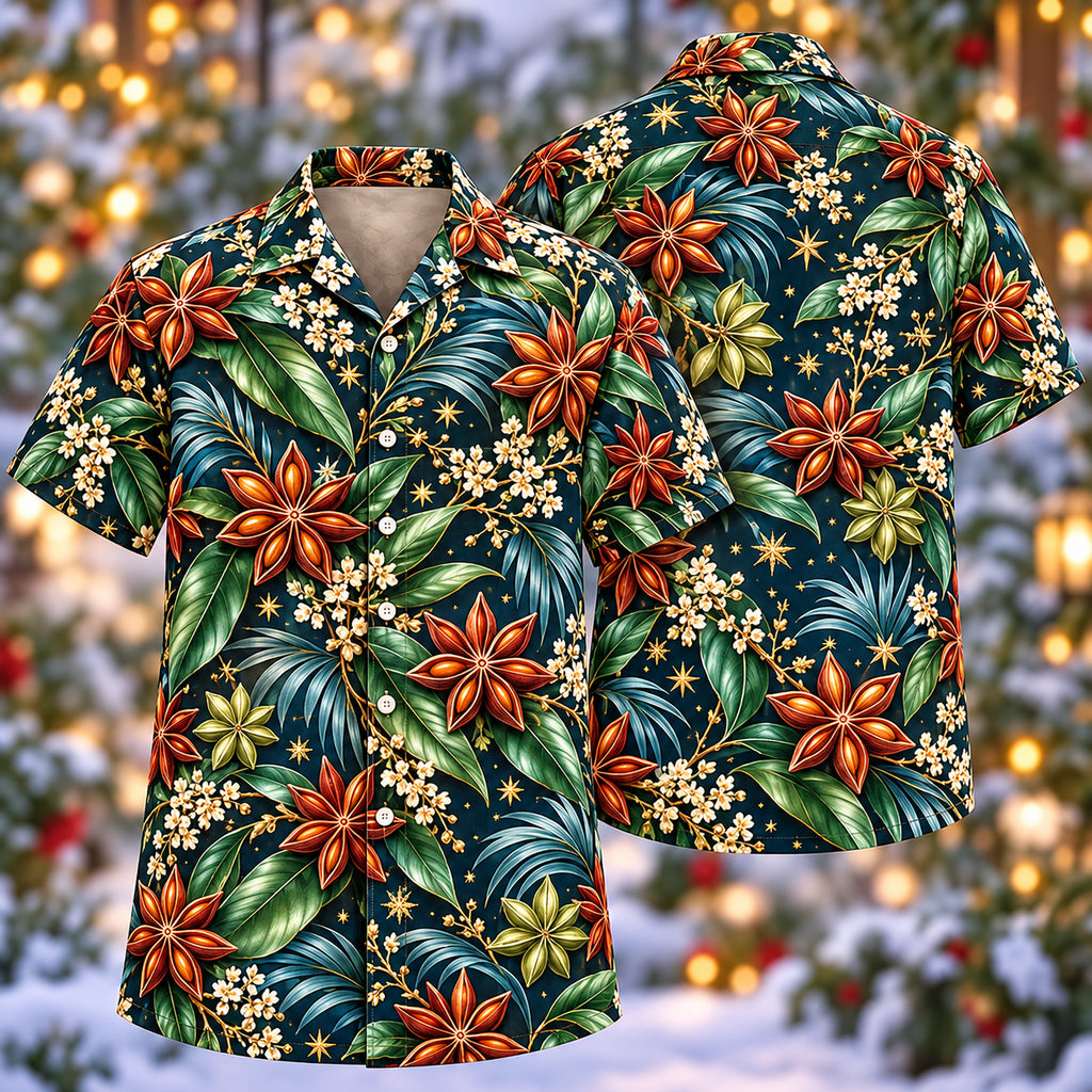 Digital mockup: front and back of one AlohaVero Christmas Amber Star Anise Navy Aloha No Pocket Hawaiian shirt