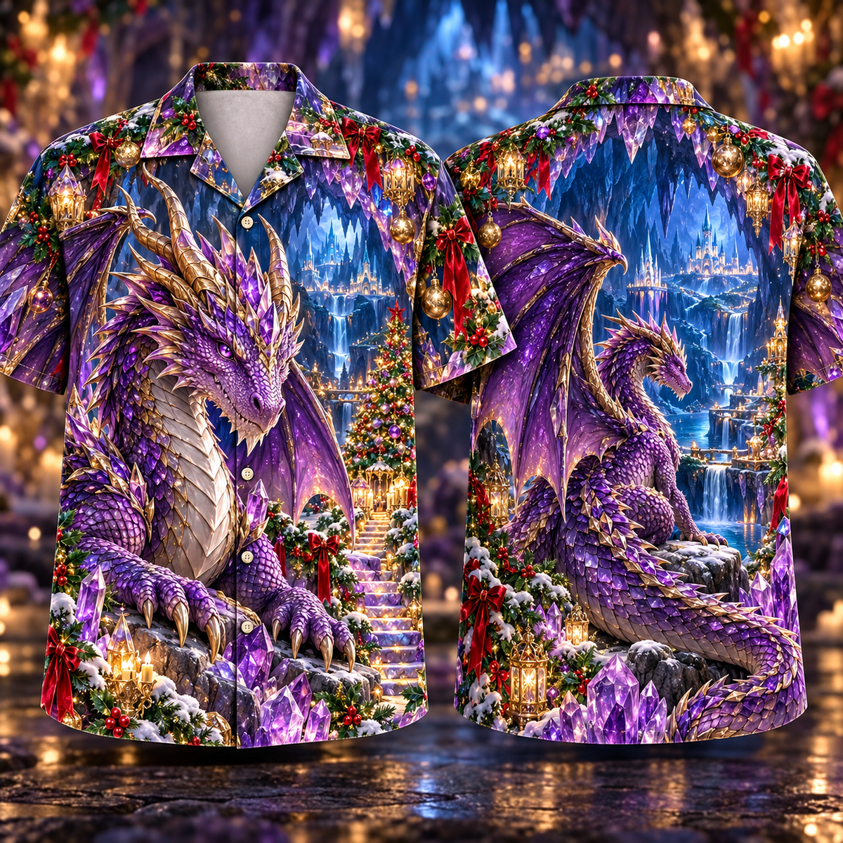 Digital mockup: front and back of one AlohaVero Christmas Amethyst Dragon Jewel Cave No Pocket Hawaiian shirt
