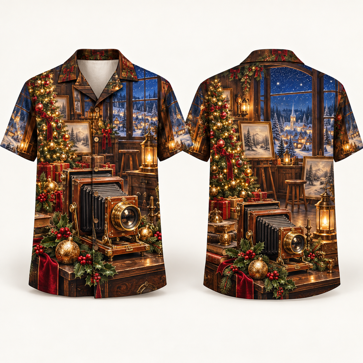 Digital mockup: front and back of one AlohaVero Christmas Antique Camera Snowy Memory Studio No Pocket Hawaiian shirt