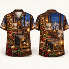 Digital mockup: front and back of one AlohaVero Christmas Antique Camera Snowy Memory Studio No Pocket Hawaiian shirt