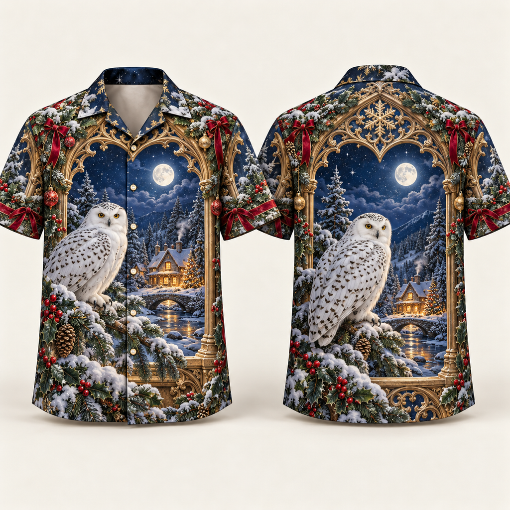 Digital mockup: front and back of one AlohaVero Christmas Arctic Owl Moonlit Carved Window No Pocket Hawaiian shirt