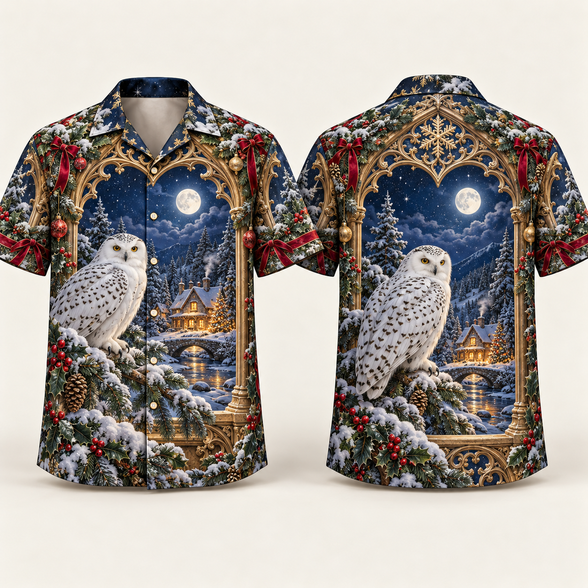 Digital mockup: front and back of one AlohaVero Christmas Arctic Owl Moonlit Carved Window No Pocket Hawaiian shirt