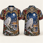 Digital mockup: front and back of one AlohaVero Christmas Arctic Owl Moonlit Carved Window No Pocket Hawaiian shirt