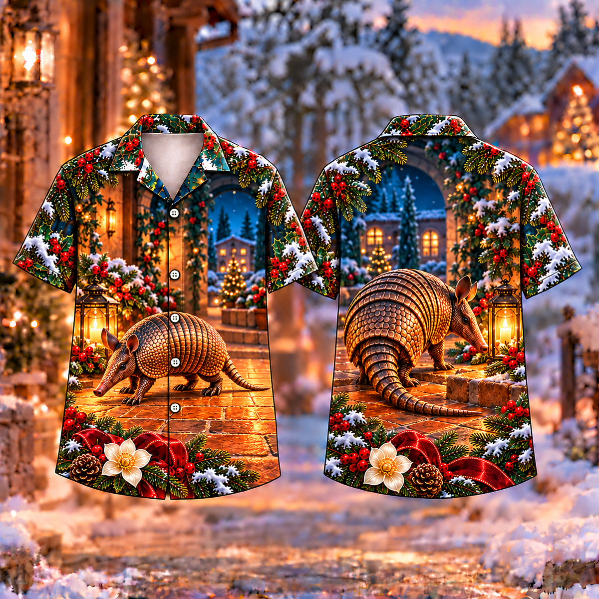 Digital mockup: front and back of one AlohaVero Christmas Armadillo Lantern Courtyard Print No Pocket Hawaiian shirt