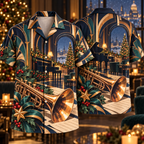 Digital mockup: front and back of one AlohaVero Christmas Art Deco Brass Horn Jazz Lounge Midnight Copper Jade No Pocket Hawaiian shirt