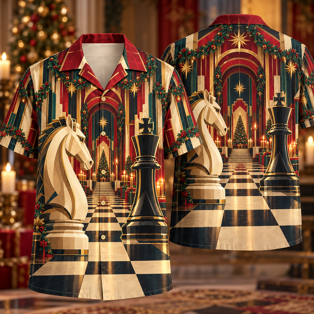 Digital mockup: front and back of one AlohaVero Christmas Art Deco Chess Winter Palace Ruby Ivory Gold No Pocket Hawaiian shirt