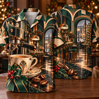 Digital mockup: front and back of one AlohaVero Christmas Art Deco Espresso Coffee Bar Emerald Copper Cream No Pocket Hawaiian shirt
