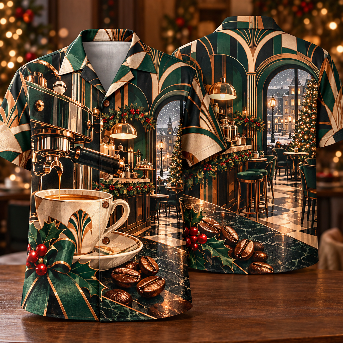 Digital mockup: front and back of one AlohaVero Christmas Art Deco Espresso Coffee Bar Emerald Copper Cream No Pocket Hawaiian shirt