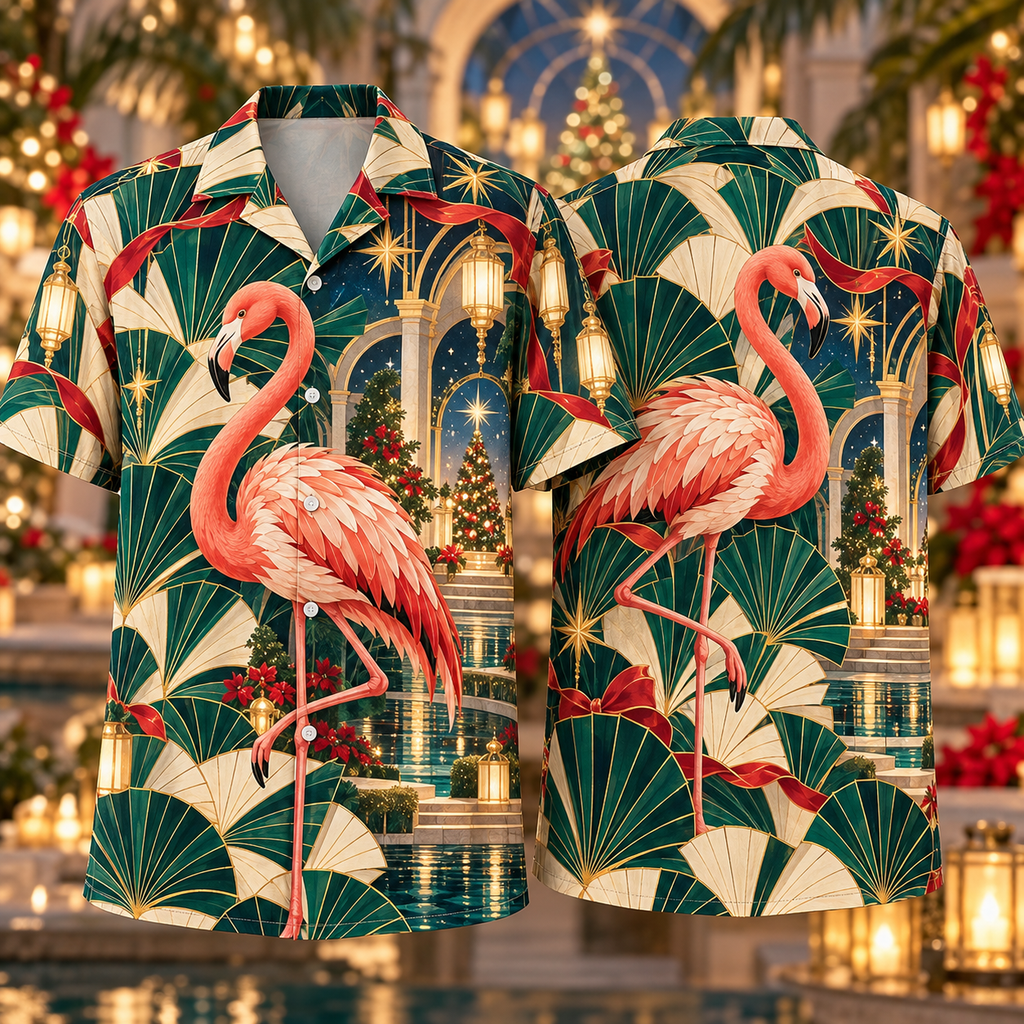 Digital mockup: front and back of one AlohaVero Christmas Art Deco Flamingo Tropical Lantern Garden Coral Emerald Ivory No Pocket Hawaiian shirt