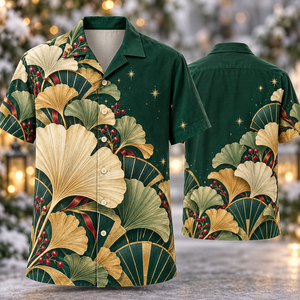 Christmas Art Deco Ginkgo Emerald Fan Hawaiian Shirt