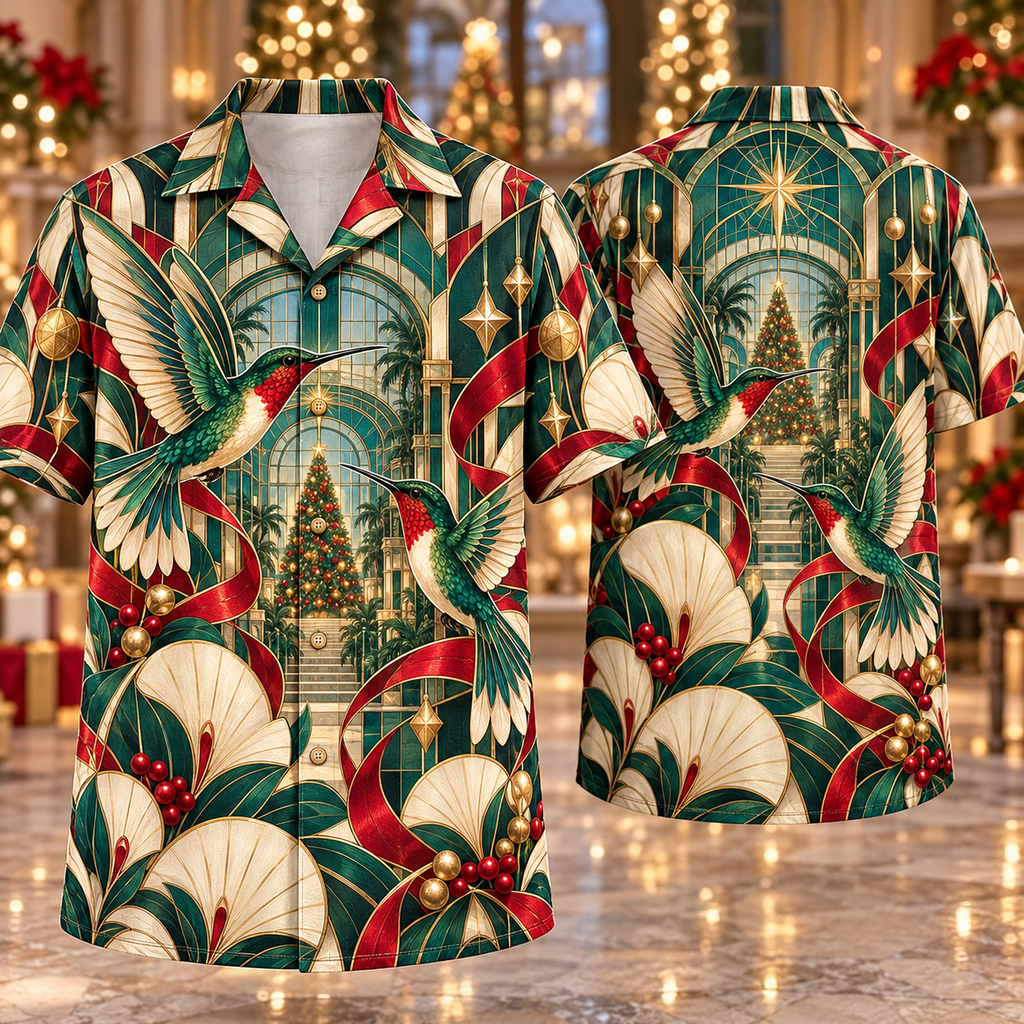 Digital mockup: front and back of one AlohaVero Christmas Art Deco Hummingbird Ruby Emerald Ivory Starlit Conservatory No Pocket Hawaiian shirt