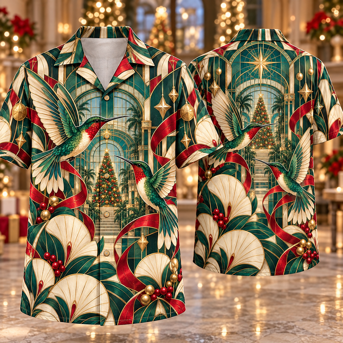 Digital mockup: front and back of one AlohaVero Christmas Art Deco Hummingbird Ruby Emerald Ivory Starlit Conservatory No Pocket Hawaiian shirt